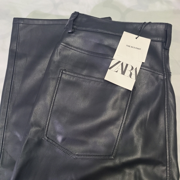 Zara Faux Leather The 90s Full Length Black Straight Leg Pant Women's Size‎ 12 - Picture 10 of 13